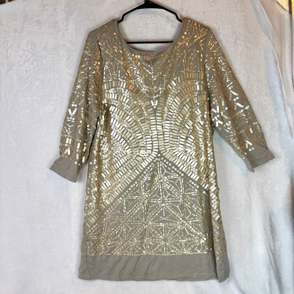 Soft Surroundings Sequin Shift Dress Womens L Gray Gold Art Deco Cocktail Mini
